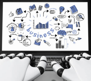 3d illustration. Robotic hands typing on a laptop with business sketch. Business concept. Isolated white background