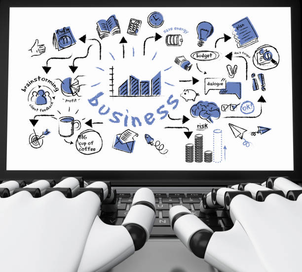 3d illustration. Robotic hands typing on a laptop with business sketch. Business concept. Isolated white background